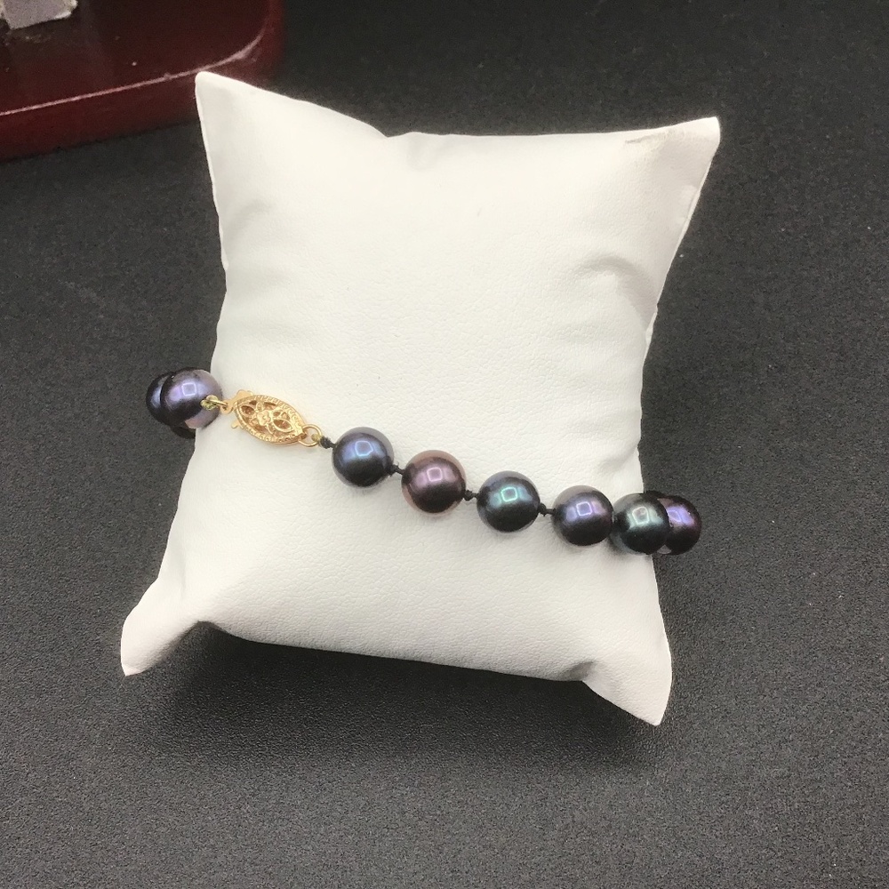 - Vintage Knotted Peacock/Purple Freshwater Pearls Bracelet 14k Yellow Gol…